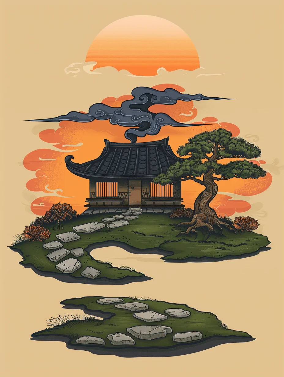A traditional home beside a bonsai tree at sunset, Bonsai Law