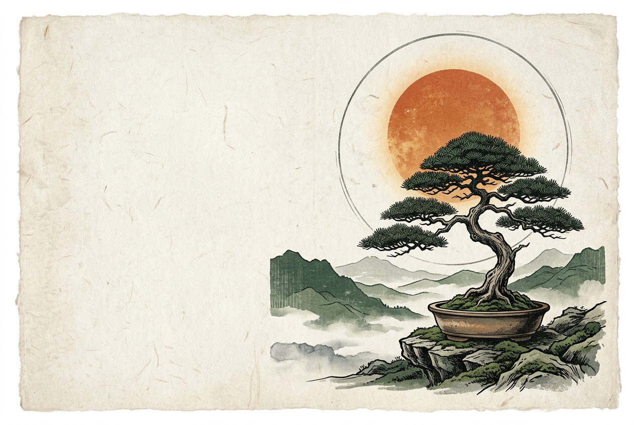 A bonsai sheltering beneath a rising sun, the emblem of the Bonsai Circle