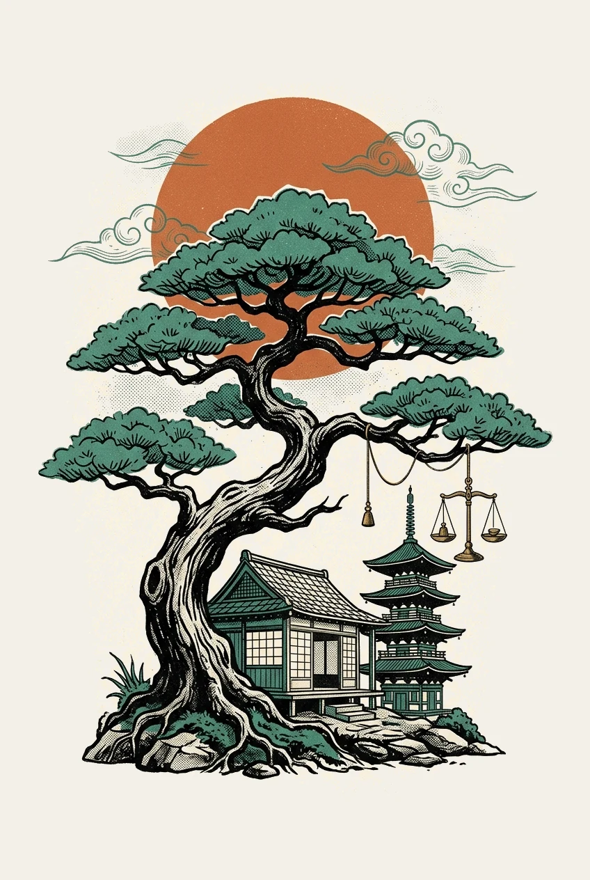 A bonsai sheltering a home and pagoda beneath the sun, with scales of justice, Bonsai Law lasting powers of attorney